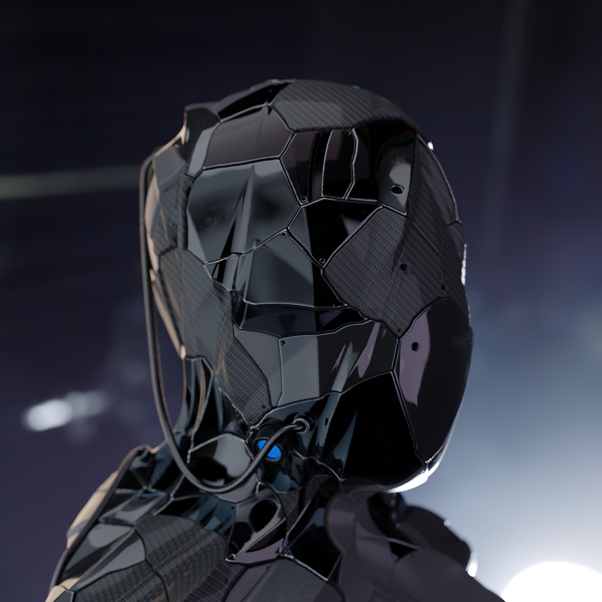 Dark metallic futuristic helmet with subtle blue lights facing to the right.